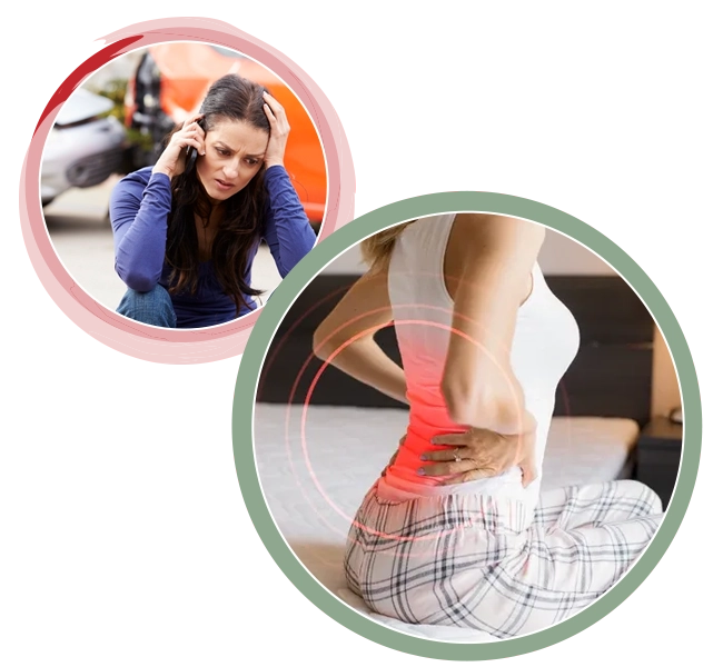 Graphic with two circular photos showing a seated person holding the head and another person holding the lower back.