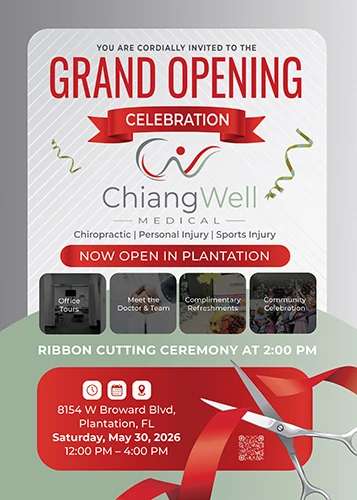Grand opening promotional banner with clinic name, services listed, event details, icons, and ribbon cutting graphic.